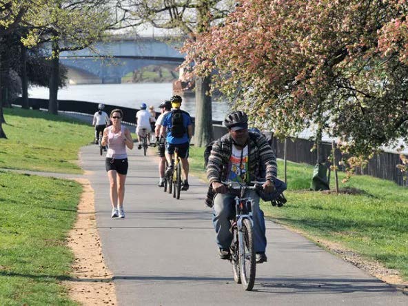 Park path with bikers & pedestrians